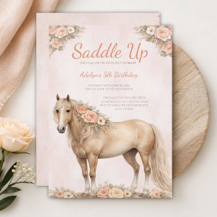 Girl Peach Floral Horse 5th Birthday Invitation