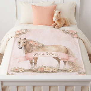 Girl Peach Floral Horse Personalized Name Sherpa Blanket