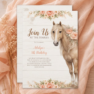Girl Peach Floral Horse Riding 5th Birthday Invitation