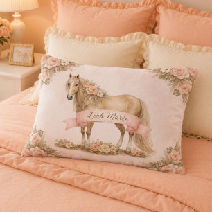 Girl Peach Floral Horse Rose Monogram Name Accent Pillow