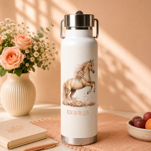 Girl Peach Horse Rose Personalized Name Water Bottle