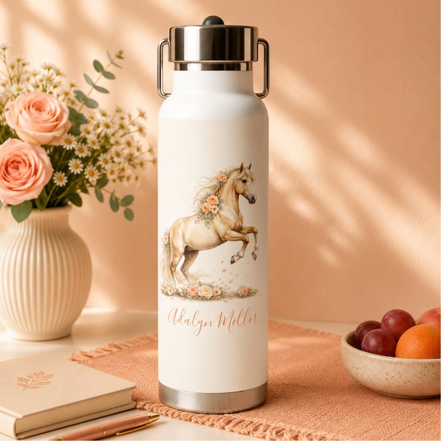 Girl Peach Horse Whimsical Script Monogram Water Bottle (Creator Uploaded)