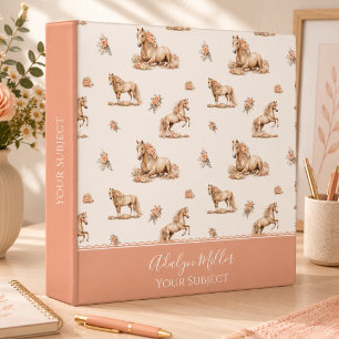 Girl Peach Rose Horse Pattern Script Monogram Binder