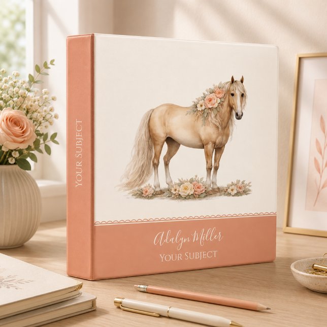 Girl Peach Rose Horse Script Monogram Binder (Creator Uploaded)