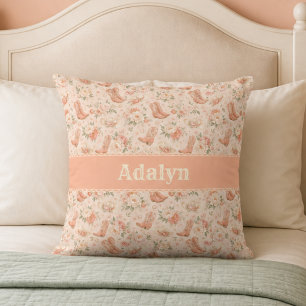 Girl Peach Western Coquette Shabby Chic Monogram Throw Pillow