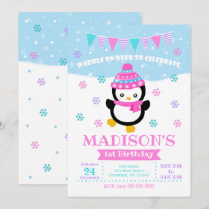 Girl Penguin Birthday Invitation / Waddle On Over