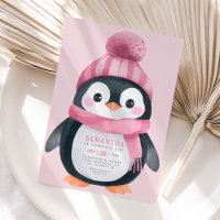 Girl Penguin Winter Birthday Party Invitation