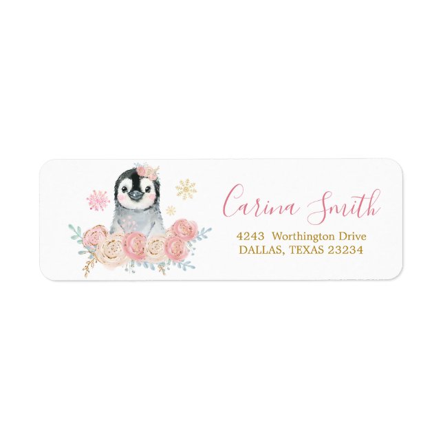 Girl Penguin Winter Snowflake Address Label (Front)