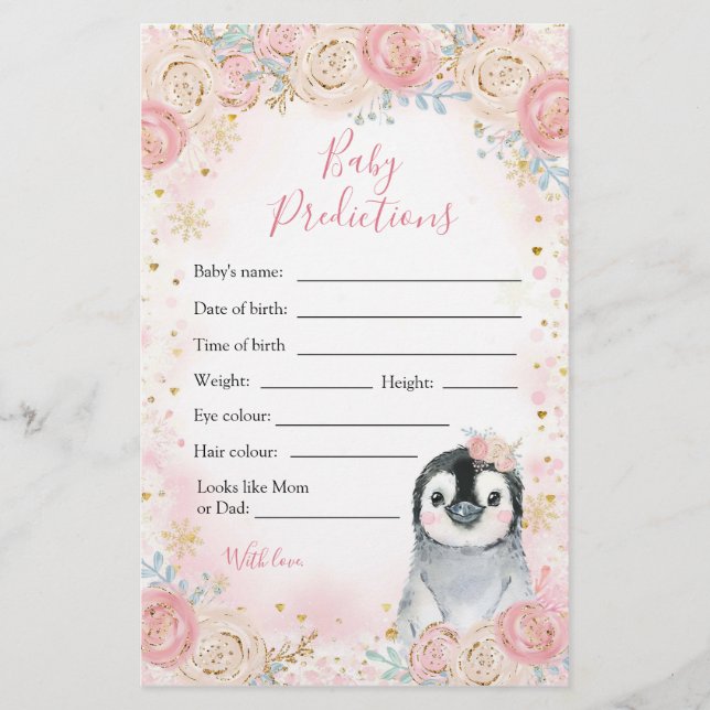 Girl Penguin Winter Snowflake Baby Predictions (Front)