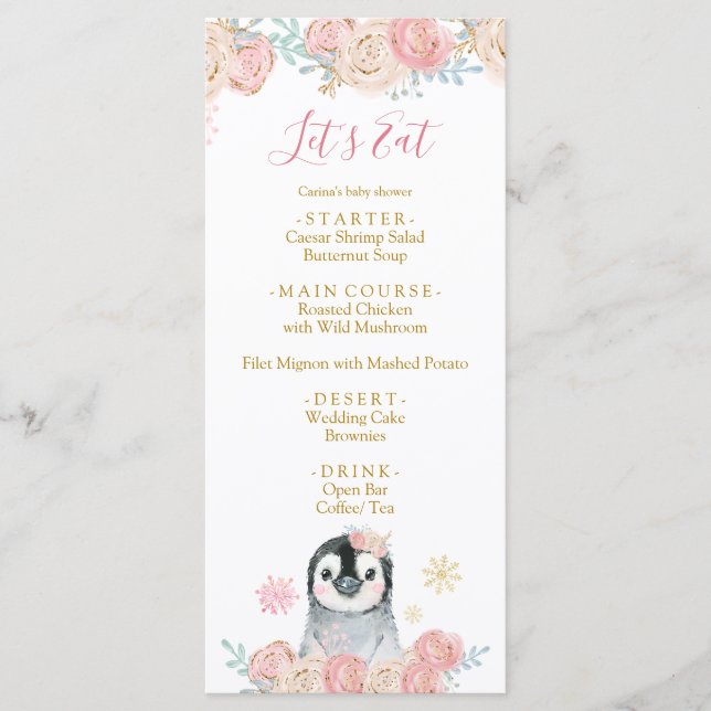 Girl Penguin Winter Snowflake Baby Shower Menu (Front)