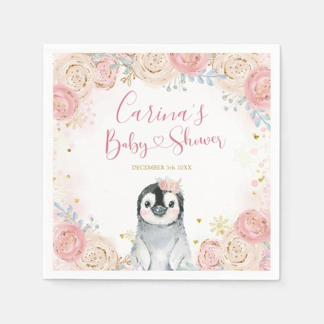 Girl Penguin Winter Snowflake Baby Shower Napkins (Front)