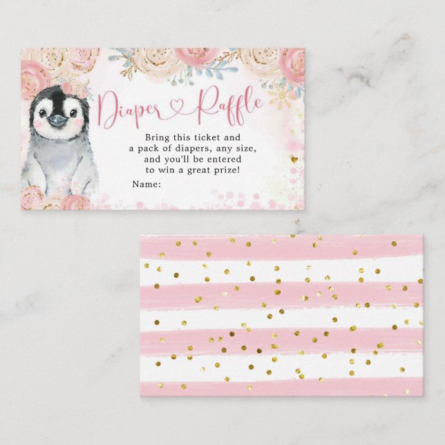 Girl Penguin Winter Snowflake Diaper Raffle Enclosure Card (Front/Back)