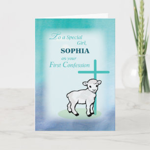 Girl Personalize Name First Confession Lamb Cross Card