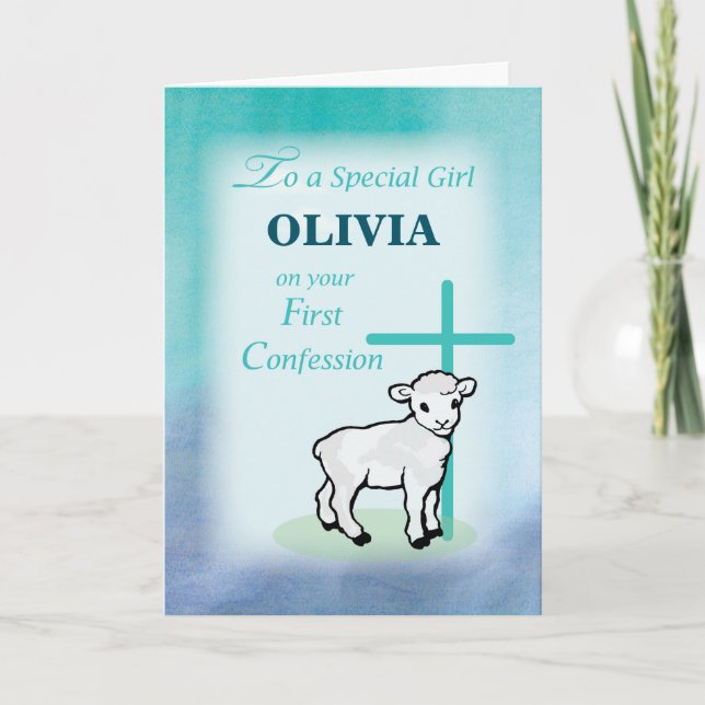 Girl Personalize Name First Confession Lamb Cross Card (Front)