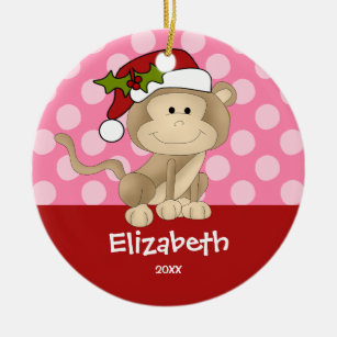 Girl Personalized Christmas Ornament Monkey Pink