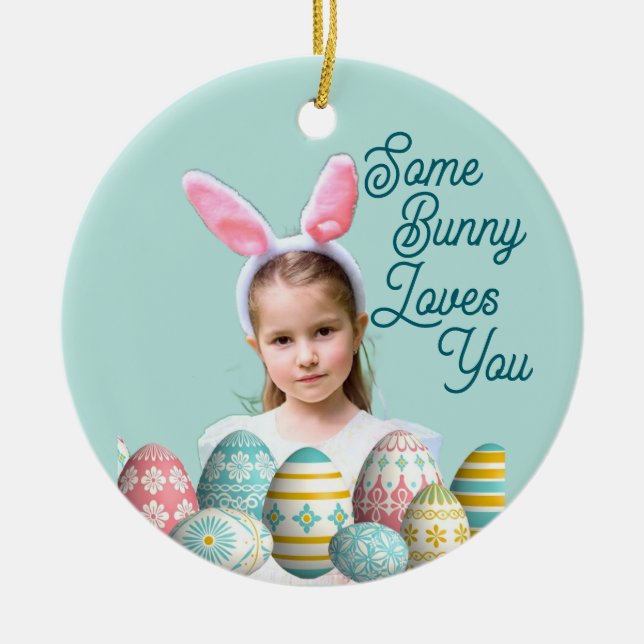 Girl Photo Bunny Ears Cute Blue  Ceramic Ornament (Front)