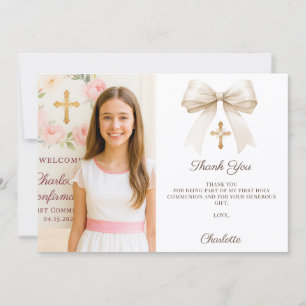 Girl photo cream bow Confirmation Thank You Card