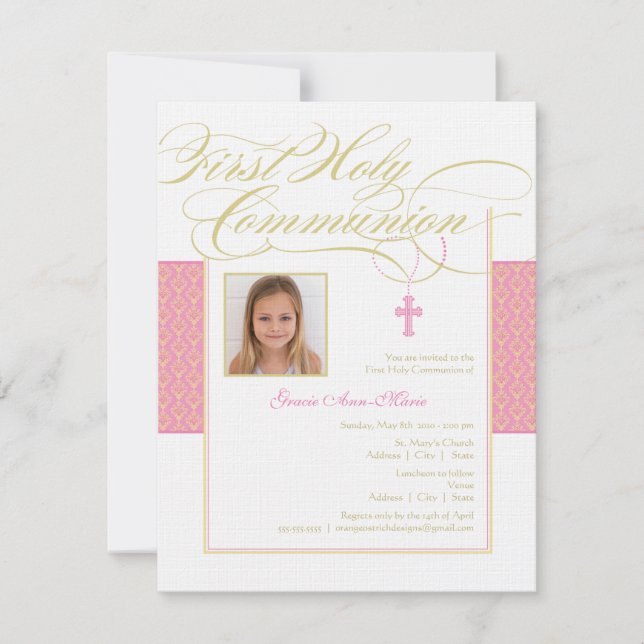 Girl Photo First Communion Invitation - Pink (Front)