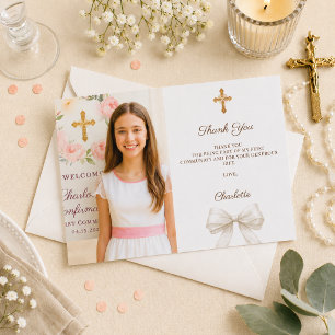 Girl photo ivory bow First Holy Communion Thank You Card