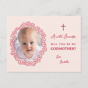 Girl Photo Pink and Red Floral Godmother Proposal  Holiday Postcard