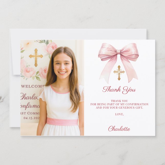 Girl photo pink bow Confirmation Thank You Card (Front)