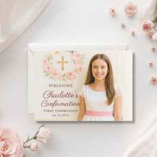 Girl photo pink bow cross Confirmation Thank You Card