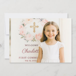 Girl photo pink bow cross First Communion  Thank You Card