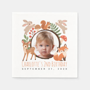 Girl Photo Woodland Animals Cute 2nd Birthday Napkin