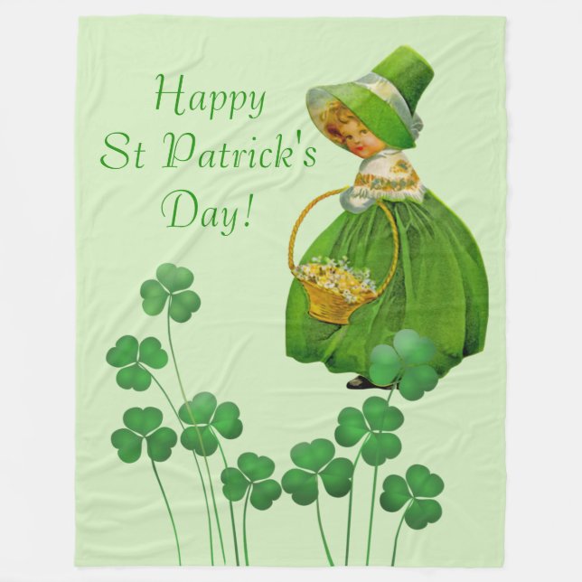 Girl Picking Shamrocks St Patrick's Day Fleece Blanket (Front)