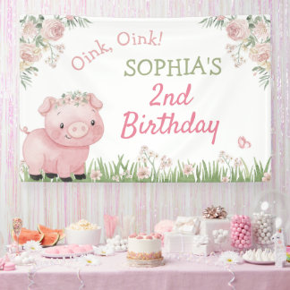 Girl Pig Party Decoration, Piggy Birthday Backdrop Banner