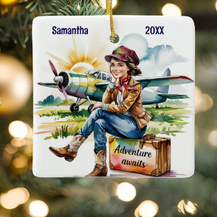 Girl Pilot Airplane Suitcase Watercolor Custom Ceramic Ornament