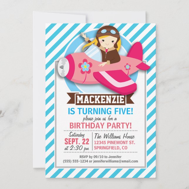 Girl Pilot in Pink Airplane; Blue & White Stripes Invitation (Front)
