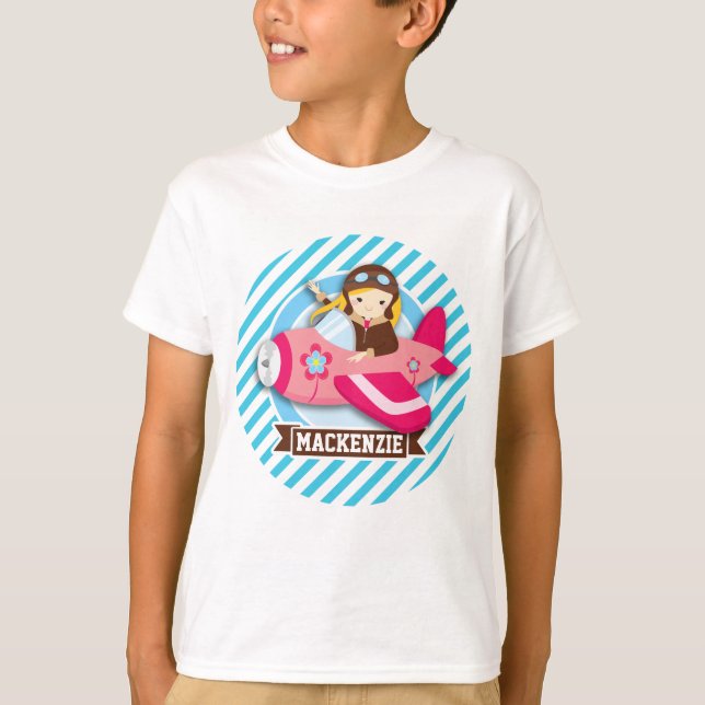 Girl Pilot in Pink Airplane; Blue & White Stripes T-Shirt (Front)