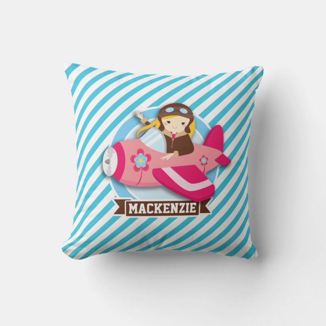 Girl Pilot in Pink Airplane; Blue & White Stripes Throw Pillow (Front)