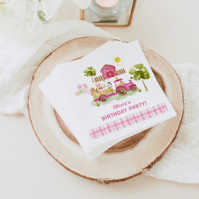 Girl pink barnyard fun farm animals birthday napkin (Creator Uploaded)