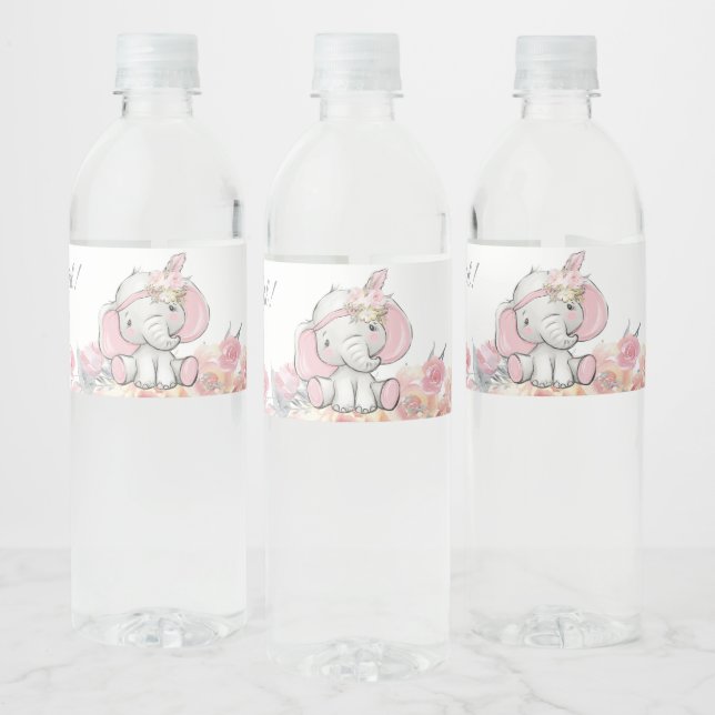 Girl Pink Boho Elephant Baby Shower Water Bottle Label (Bottles)