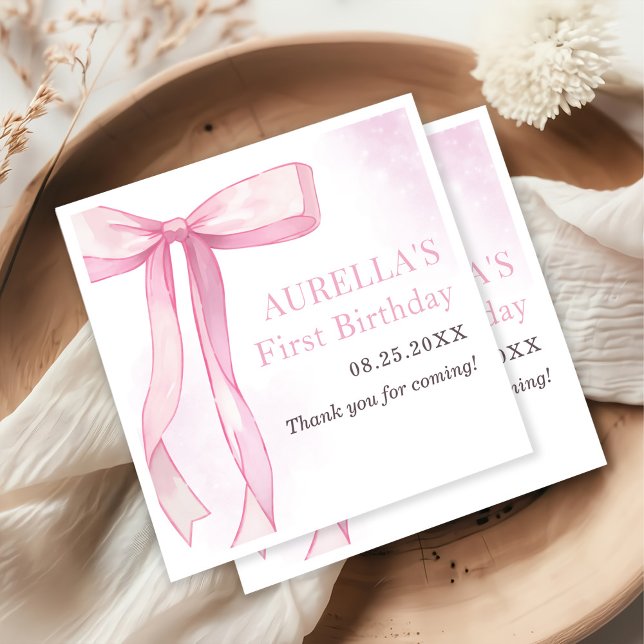 Girl Pink Bow 1st Birthday Party Napkin (Creator Uploaded)