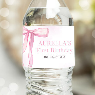 Girl Pink Bow 1st Birthday Party Water Bottle Label
