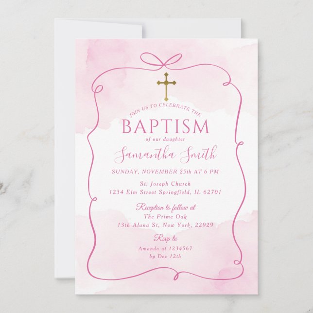 Girl Pink Bow Gold Cross Christening Baptism Invitation (Front)