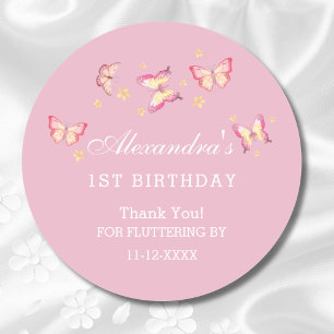Girl Pink Butterfly 1st Birthday Thank You  Classic Round Sticker