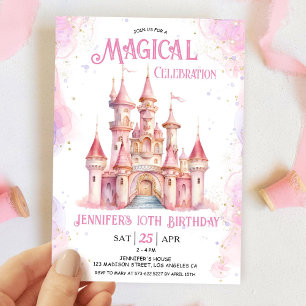 Girl Pink Castle Princess 10th Birthday Party Invitation