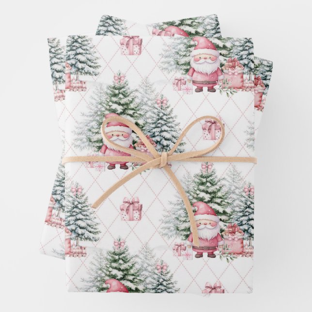 Girl Pink Christmas Santa Presents Wrapping Paper Sheet (In situ)
