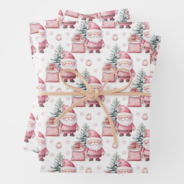 Girl Pink Christmas Santa Presents Wrapping Paper Sheet (In situ)