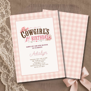Girl Pink Cowgirl Gingham Photo 1st Birthday Invitation