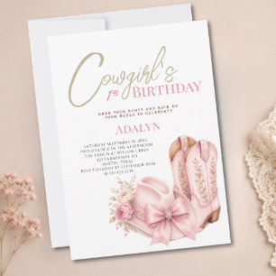 Girl Pink Cowgirl Script 1st Birthday Invitation