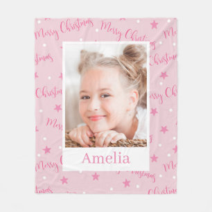 Girl Pink Custom Photo Merry Christmas Fleece Blanket