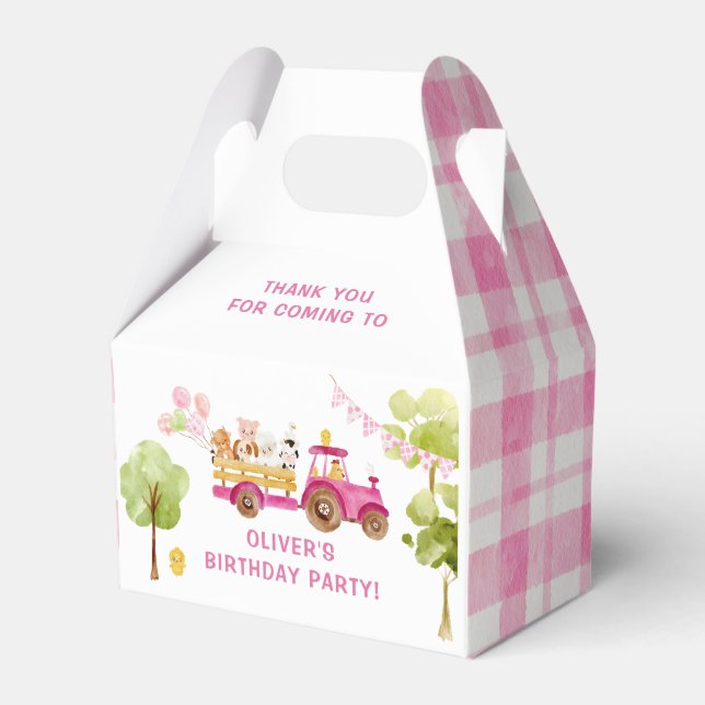 Girl pink Farm animals birthday party Favor Box (Front Side)