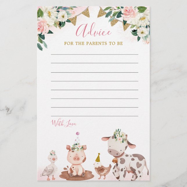 Girl Pink Farm Baby Shower Advice Card (Front)