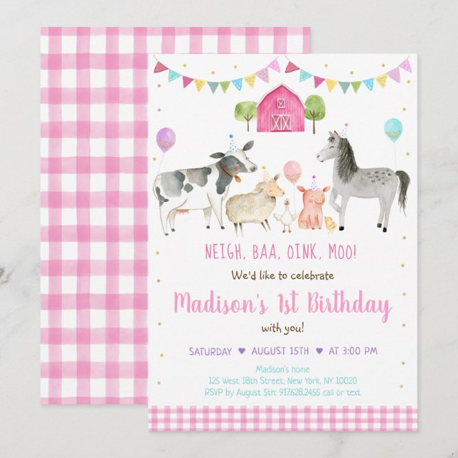 Girl Pink Farm Birthday Invitation (Front/Back)