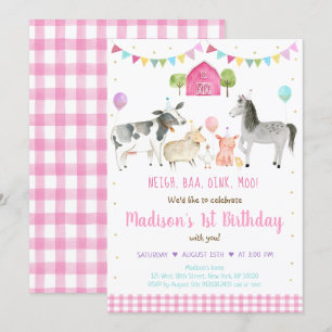 Girl Pink Farm Birthday Invitation